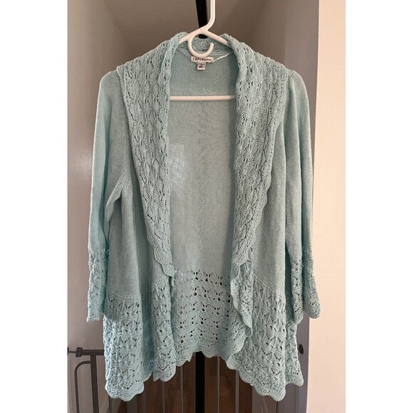 EUC  Vintage Womens Croft & Barrow Open Front Knit Cardigan Light Blue Lace Trim - Picture 1 of 7